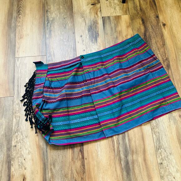 90s Vintage Boho Mini Skirt Aztec Striped Fringe Pleated Cotton Colorful Large - Picture 8 of 9